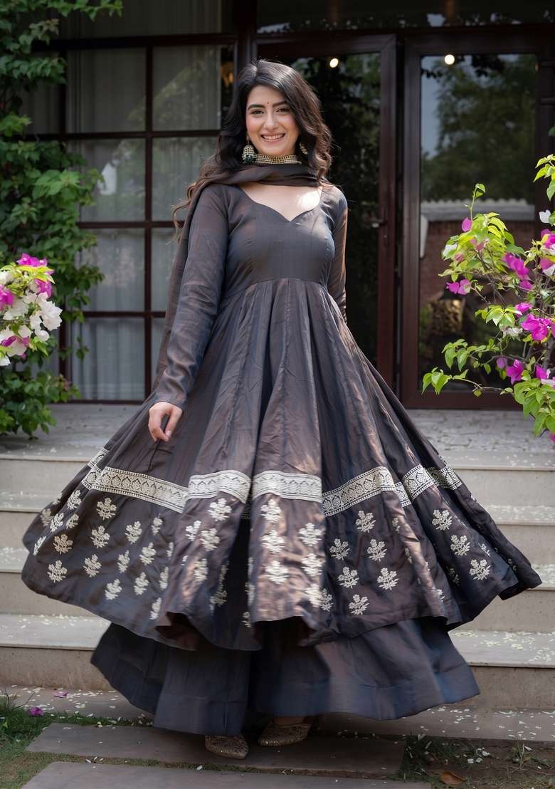 Grey Embroidered Silk Kurta Set - Indya