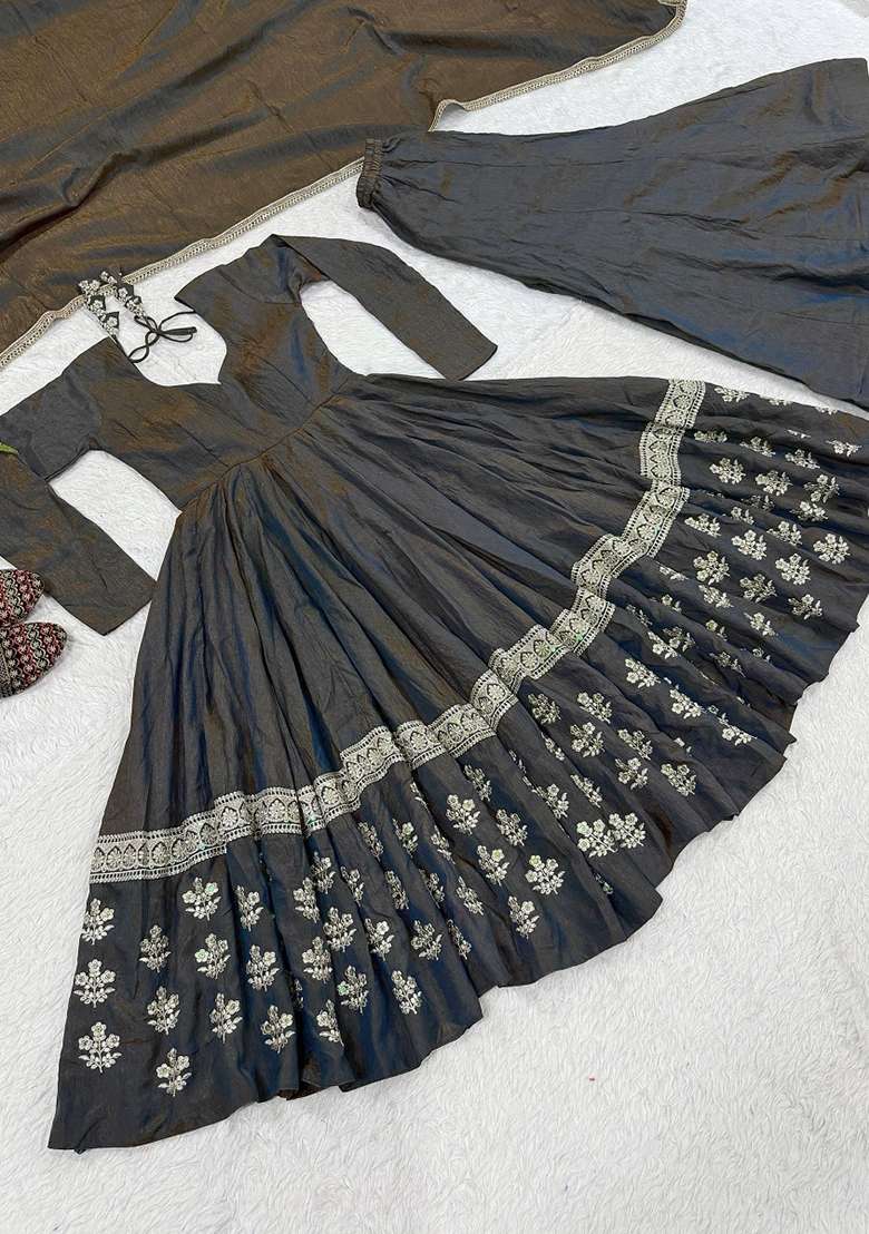 Grey Embroidered Silk Kurta Set - Indya