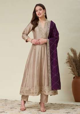 Beige Embroidered Silk Kurta Set