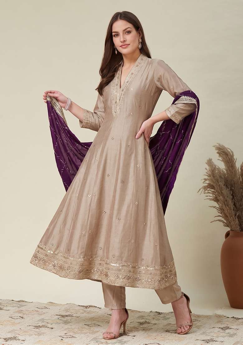 Beige Embroidered Silk Kurta Set - Indya