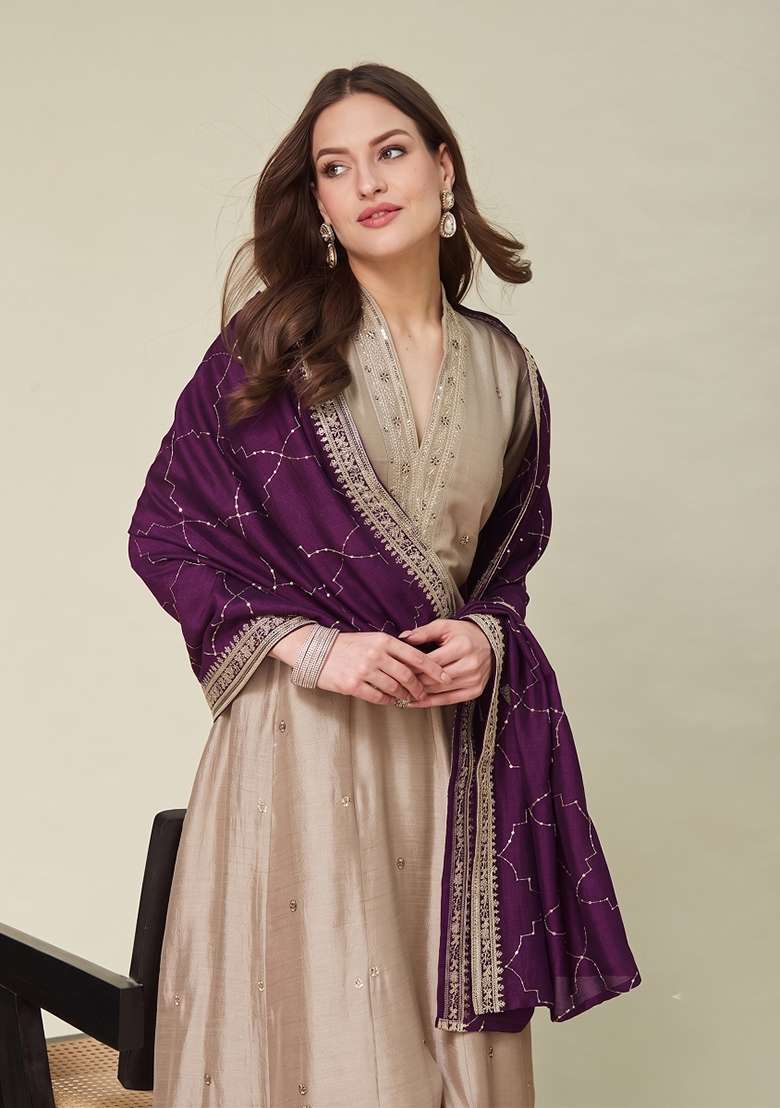 Beige Embroidered Silk Kurta Set - Indya