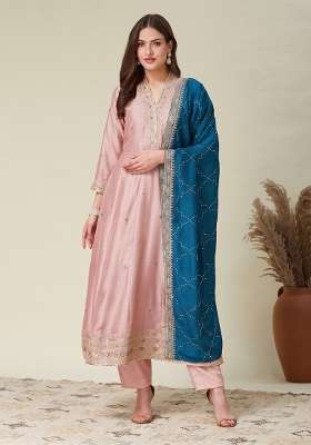Peach Embroidered Silk Kurta Set