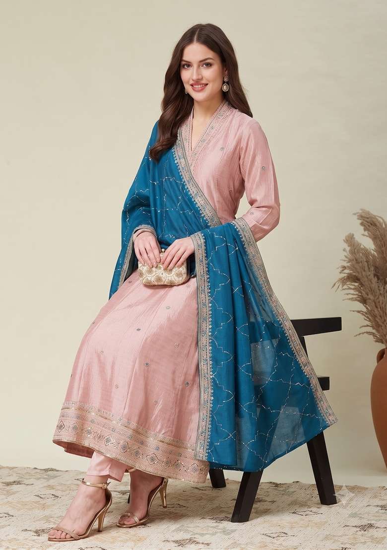 Peach Embroidered Silk Kurta Set - Indya