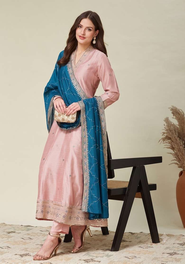 Peach Embroidered Silk Kurta Set - Indya