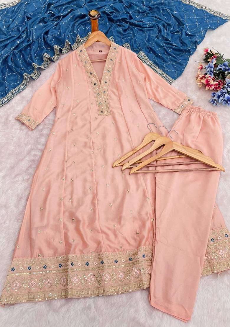 Peach Embroidered Silk Kurta Set - Indya