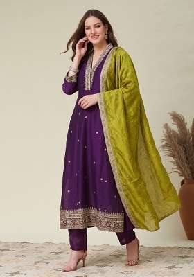 Wine Embroidered Silk Kurta Set