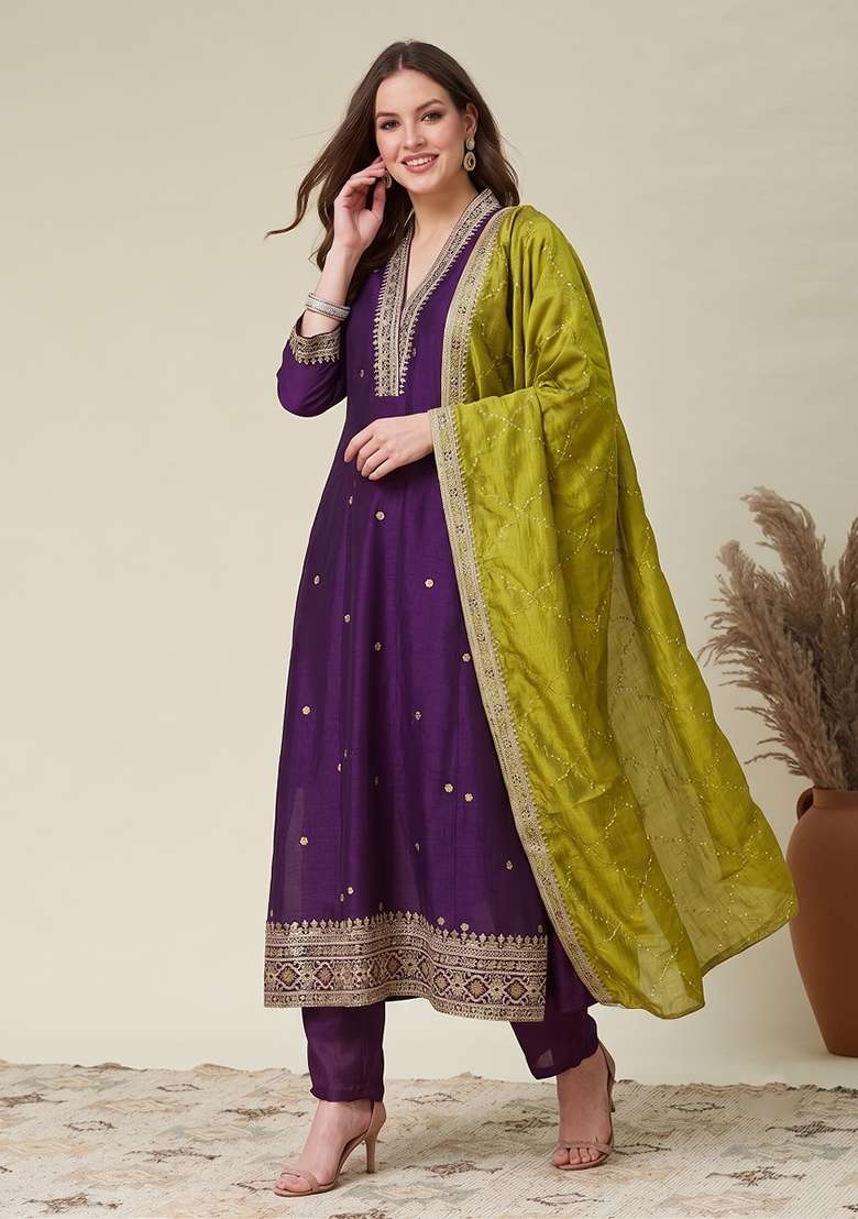 Wine Embroidered Silk Kurta Set - Indya