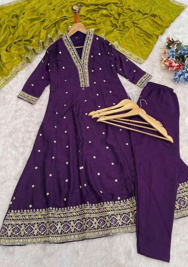 Wine Embroidered Silk Kurta Set - Indya