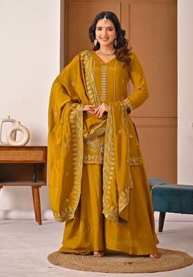 Mustard Embroidered Silk Kurta Set