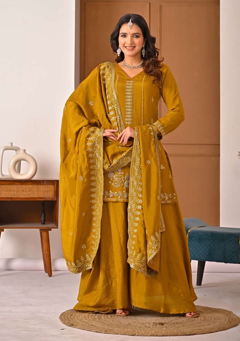 Mustard Embroidered Silk Kurta Set - Indya
