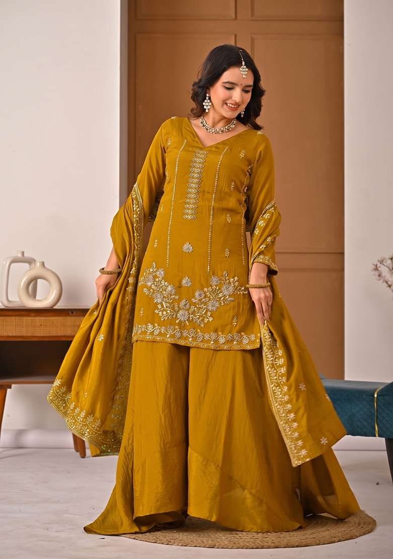 Mustard Embroidered Silk Kurta Set - Indya