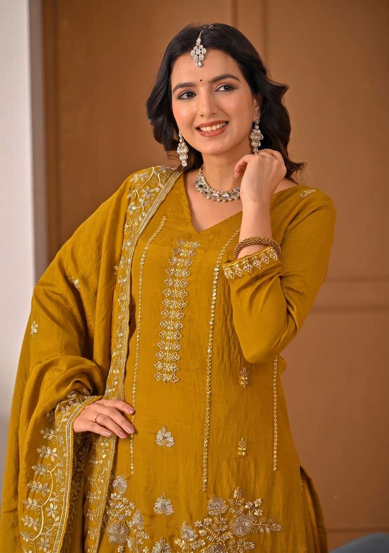 Mustard Embroidered Silk Kurta Set - Indya