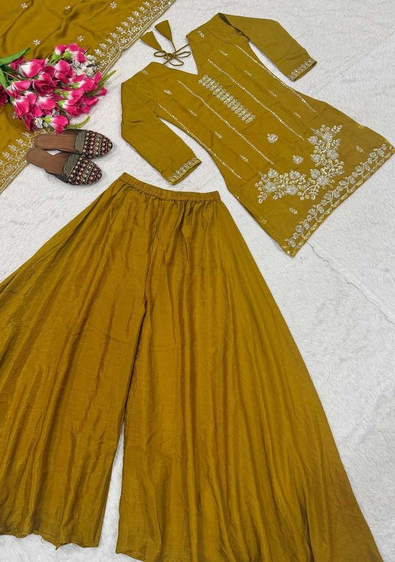 Mustard Embroidered Silk Kurta Set - Indya