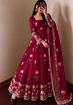 Red Embroidered Silk Kurta Set