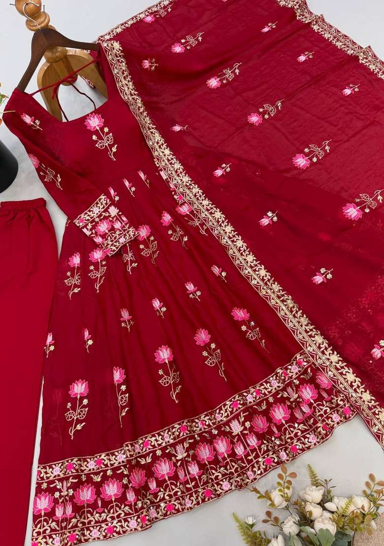 Red Embroidered Silk Kurta Set - Indya