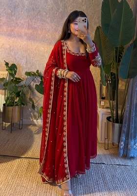 Red Embroidered Georgette Kurta Set