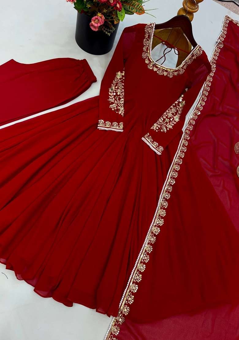 Red Embroidered Georgette Kurta Set - Indya