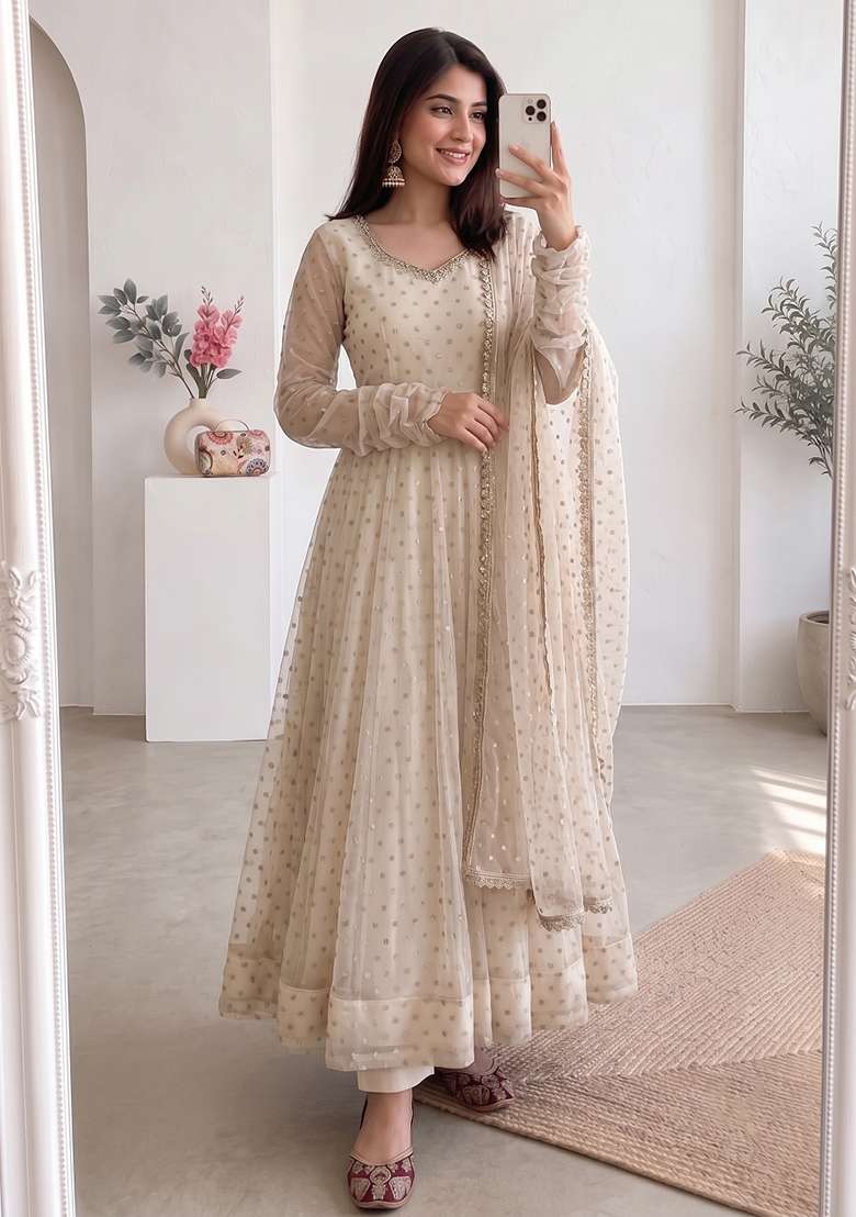Cream Woven Silk Kurta Set - Indya
