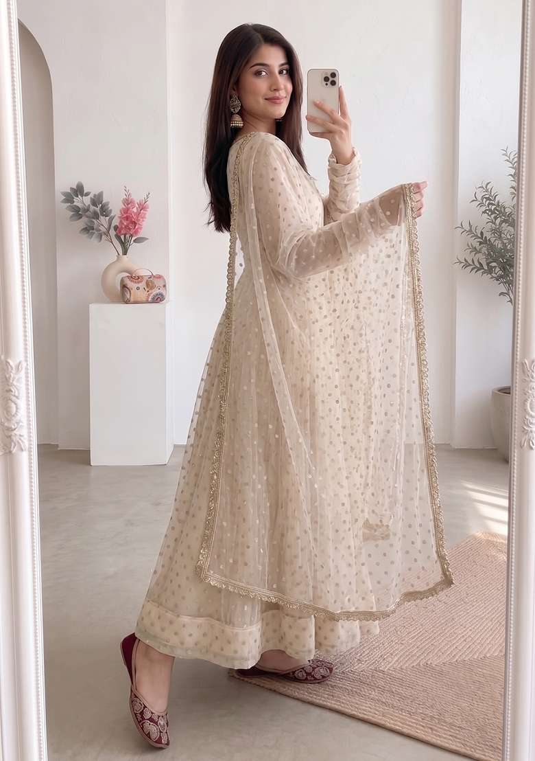 Cream Woven Silk Kurta Set - Indya