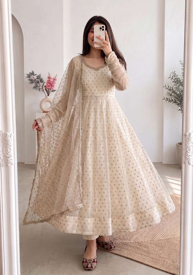 Cream Woven Silk Kurta Set - Indya