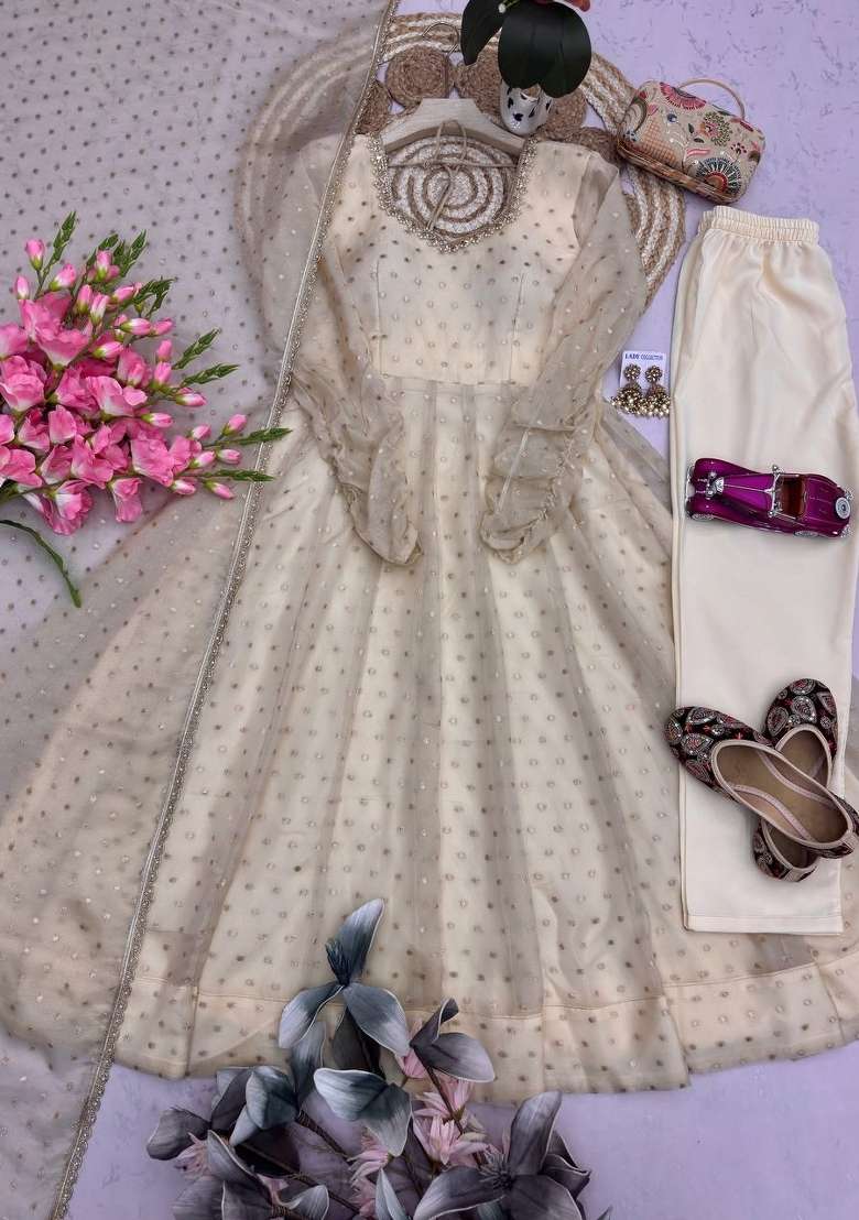Cream Woven Silk Kurta Set - Indya