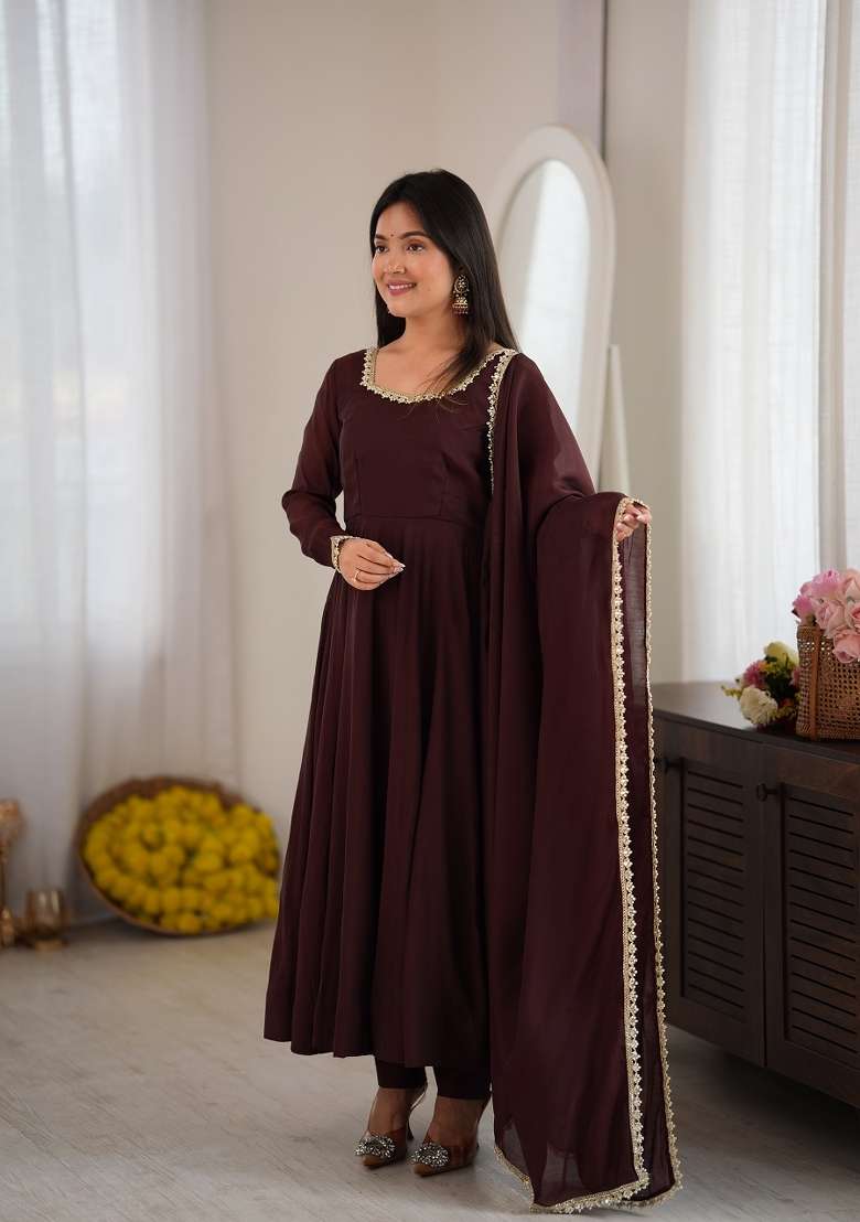 Brown Woven Silk Kurta Set - Indya