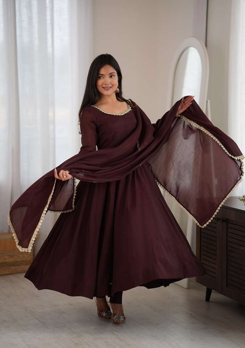 Brown Woven Silk Kurta Set - Indya