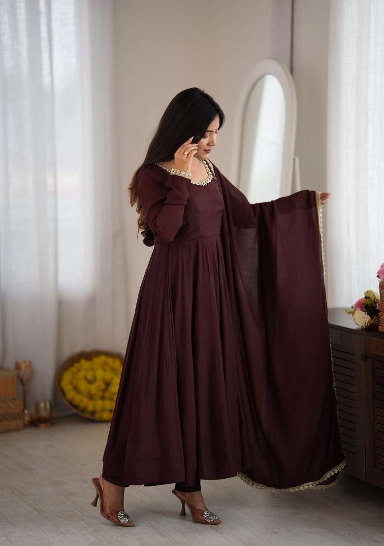 Brown Woven Silk Kurta Set - Indya
