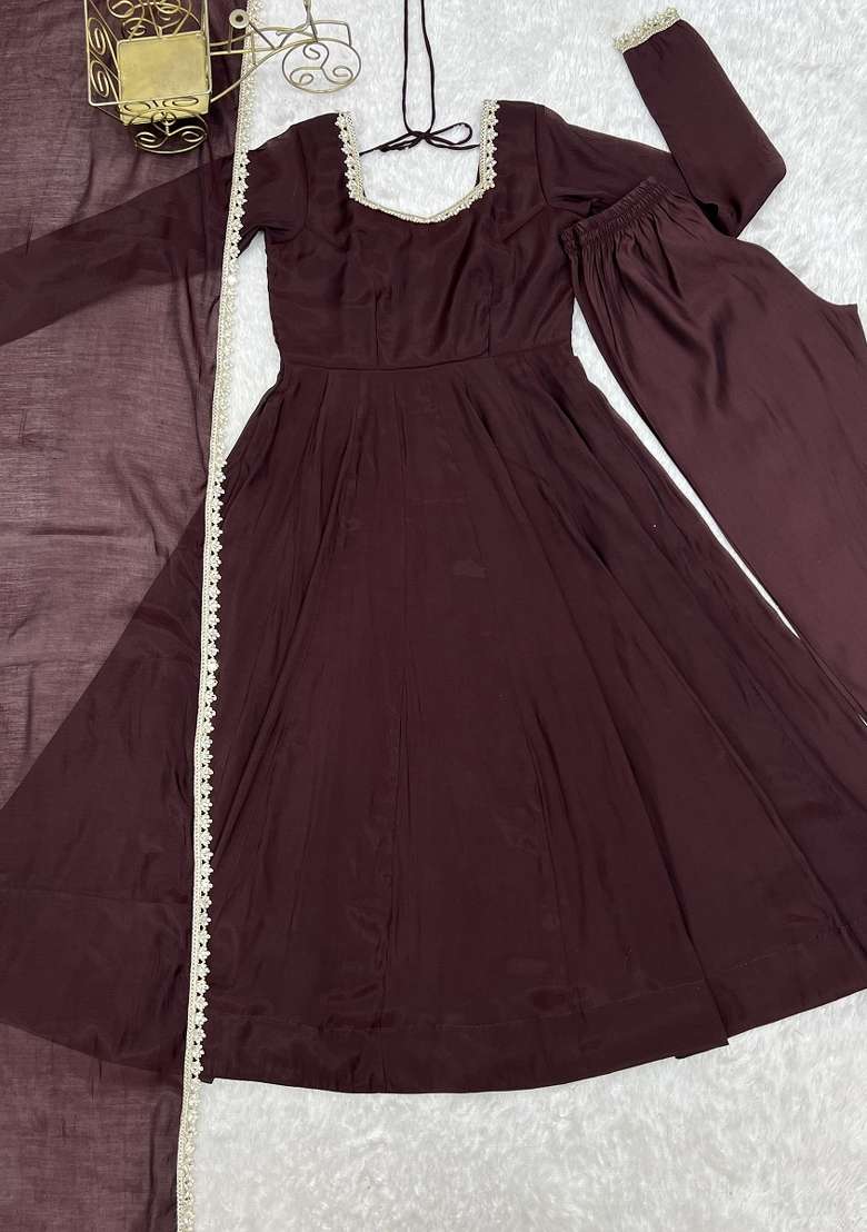 Brown Woven Silk Kurta Set - Indya
