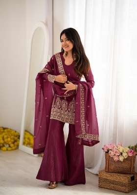 Wine Embroidered Silk Kurta Set