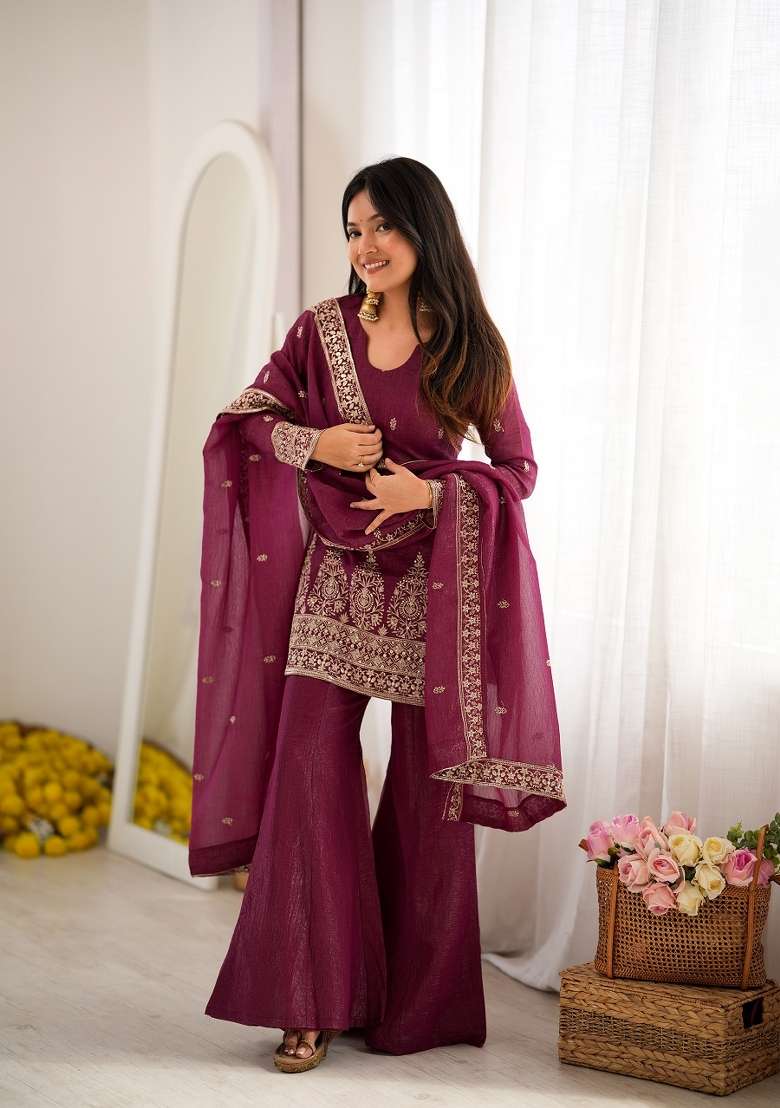 Wine Embroidered Silk Kurta Set - Indya