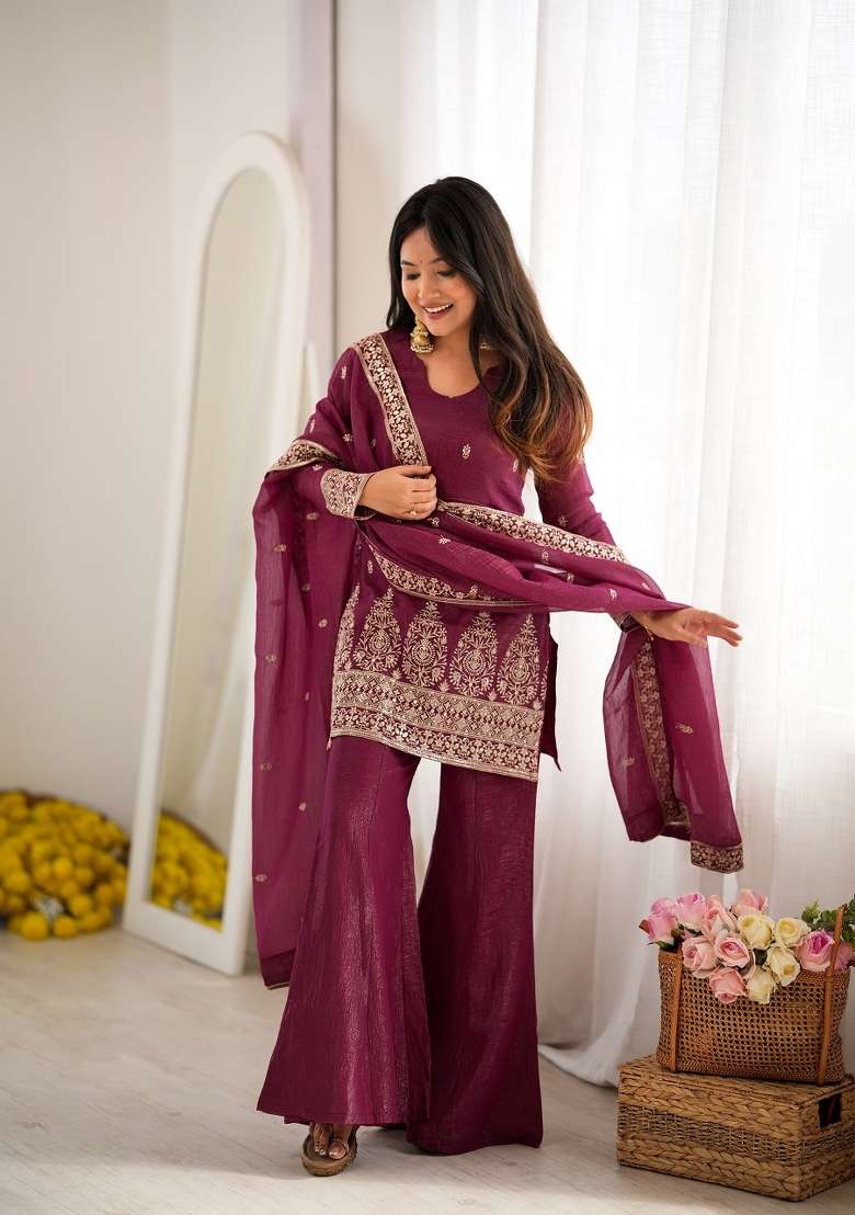 Wine Embroidered Silk Kurta Set - Indya