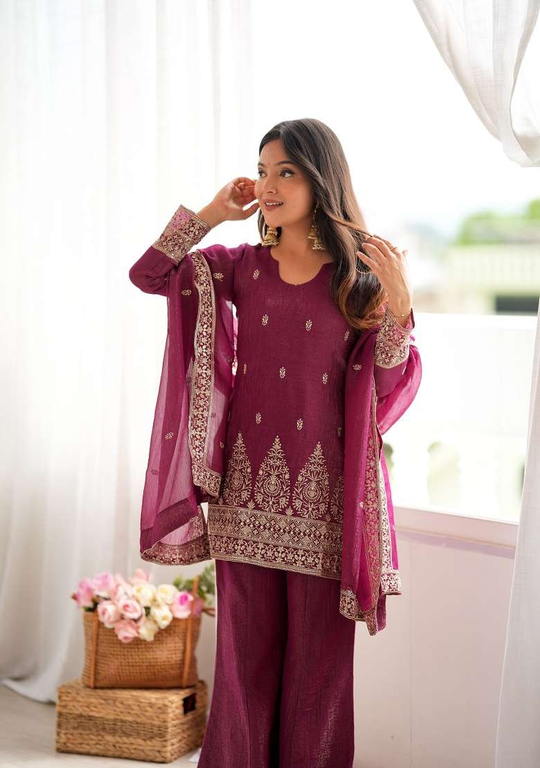 Wine Embroidered Silk Kurta Set - Indya