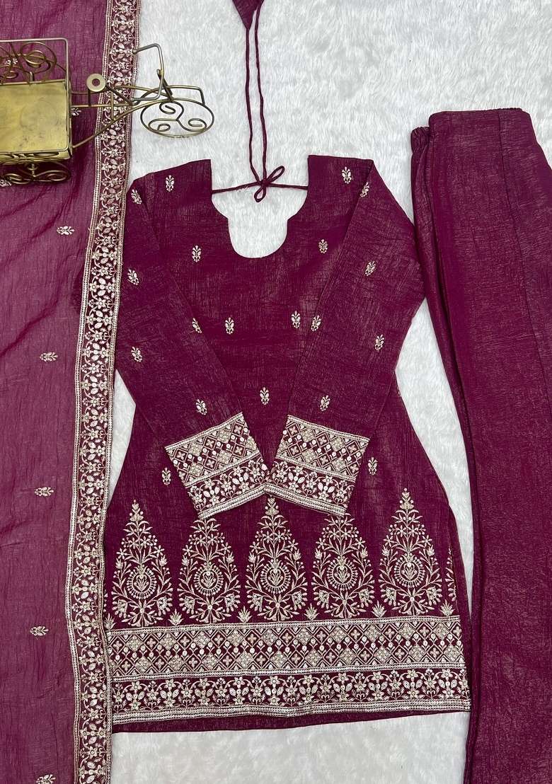 Wine Embroidered Silk Kurta Set - Indya