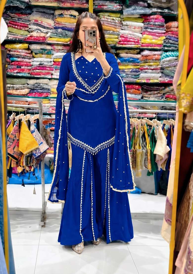 Blue Embroidered Silk Kurta Set - Indya