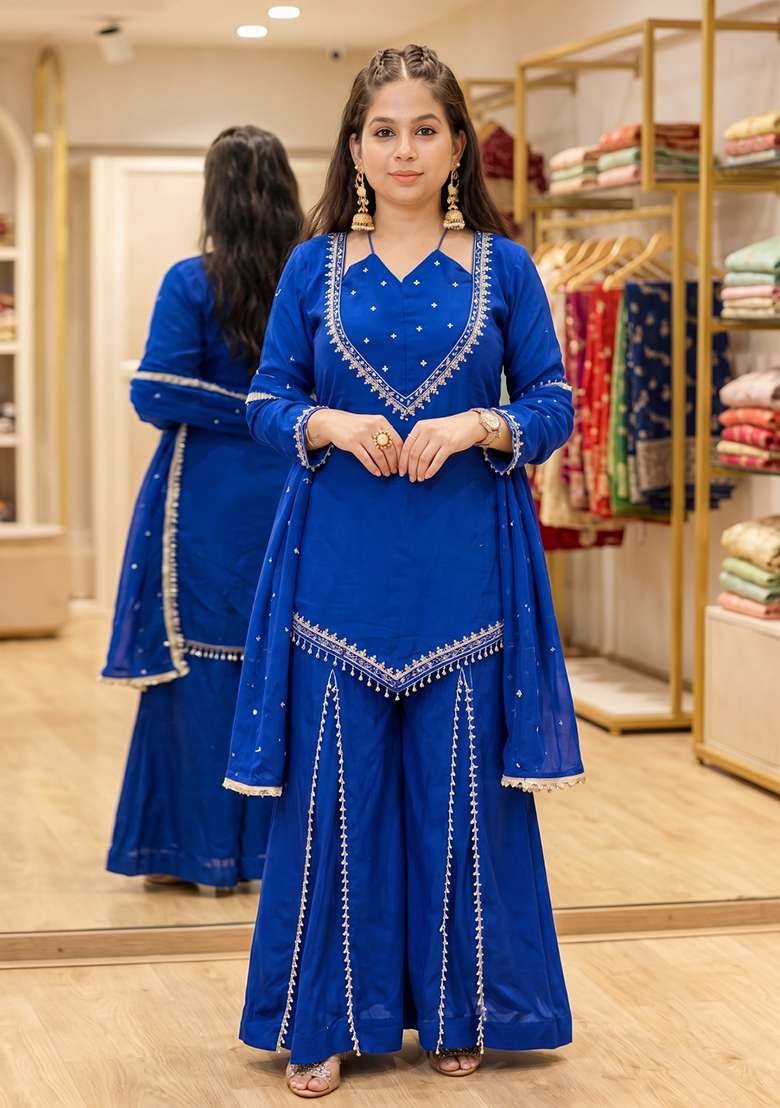 Blue Embroidered Silk Kurta Set - Indya