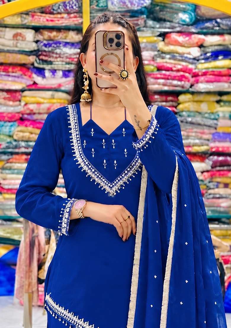 Blue Embroidered Silk Kurta Set - Indya