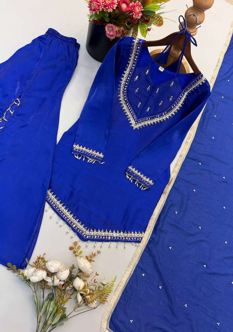 Blue Embroidered Silk Kurta Set - Indya