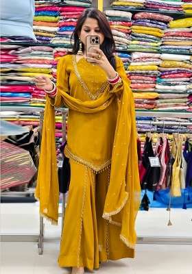 Mustard Embroidered Silk Kurta Set