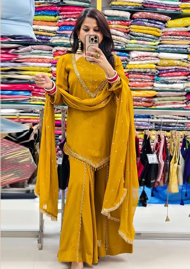 Mustard Embroidered Silk Kurta Set - Indya