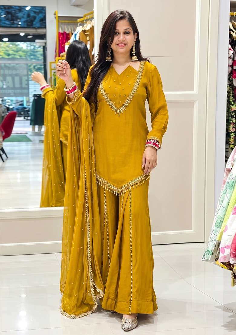 Mustard Embroidered Silk Kurta Set - Indya