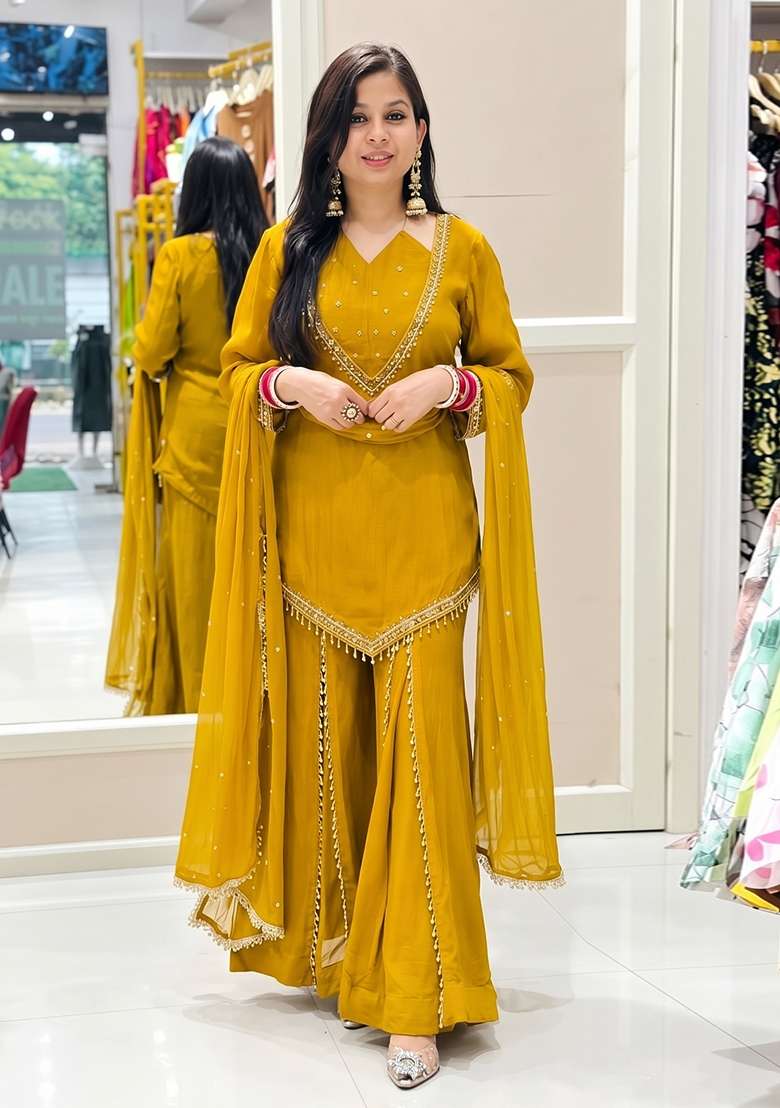 Mustard Embroidered Silk Kurta Set - Indya