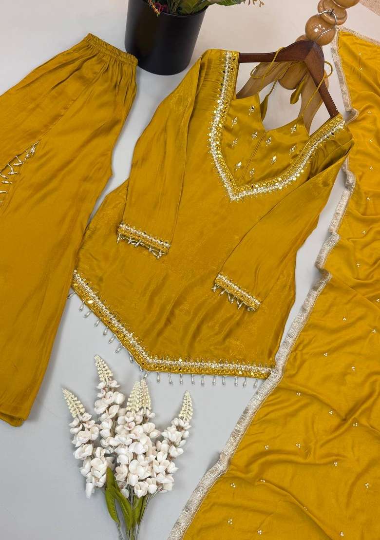 Mustard Embroidered Silk Kurta Set - Indya