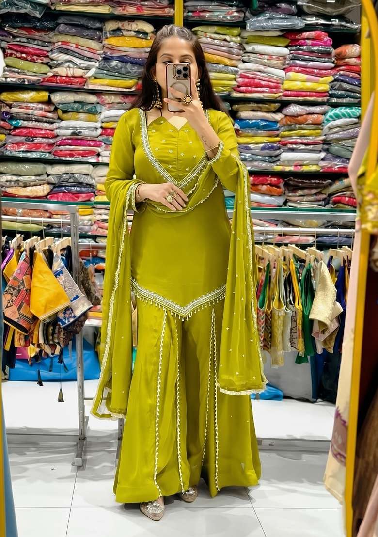 Olive Embroidered Silk Kurta Set - Indya