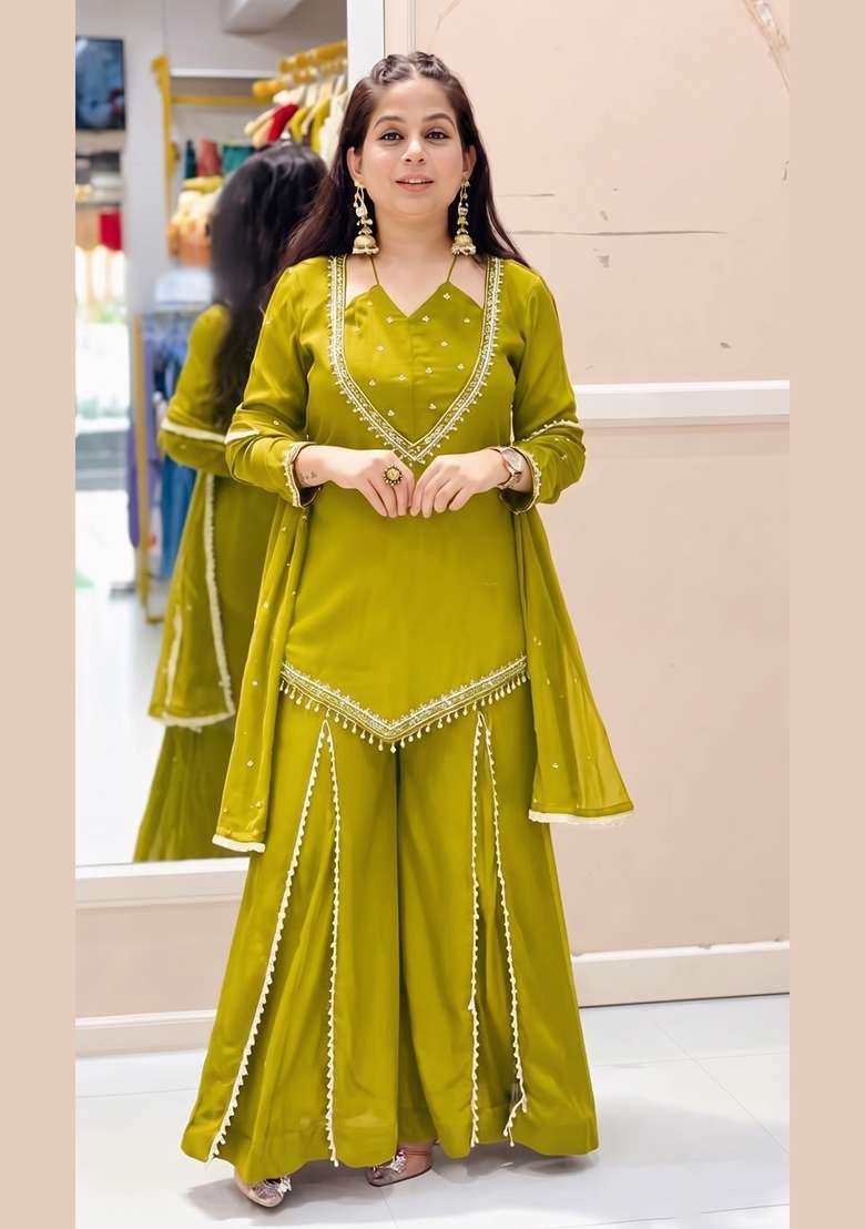 Olive Embroidered Silk Kurta Set - Indya