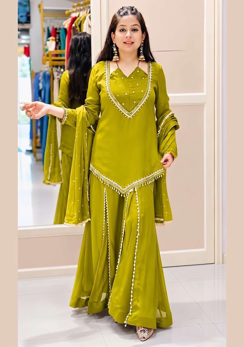 Olive Embroidered Silk Kurta Set - Indya
