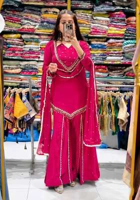 Rani Pink Embroidered Silk Kurta Set