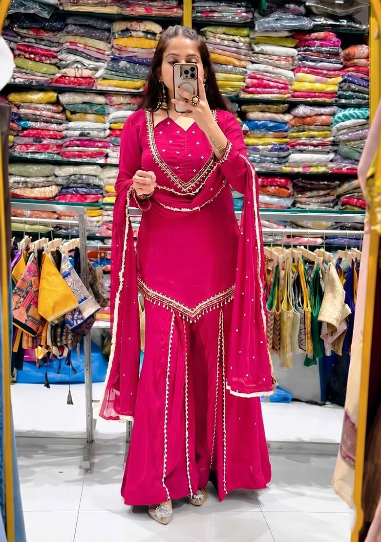 Rani Pink Embroidered Silk Kurta Set - Indya