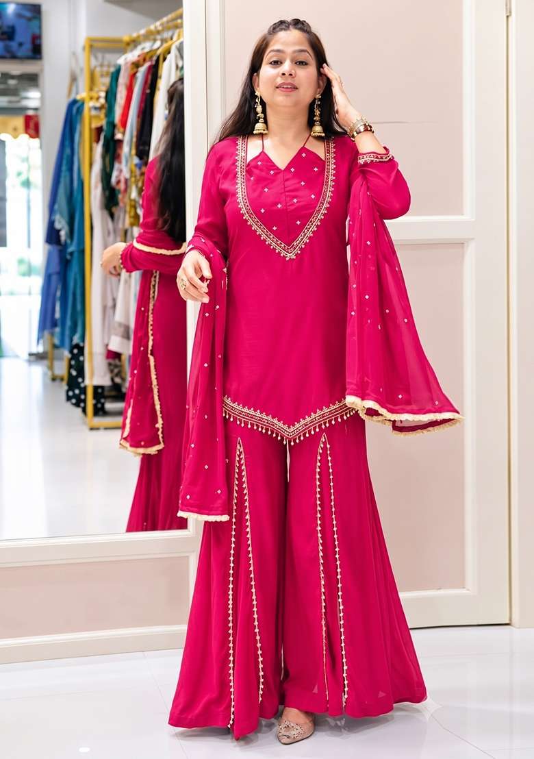 Rani Pink Embroidered Silk Kurta Set - Indya