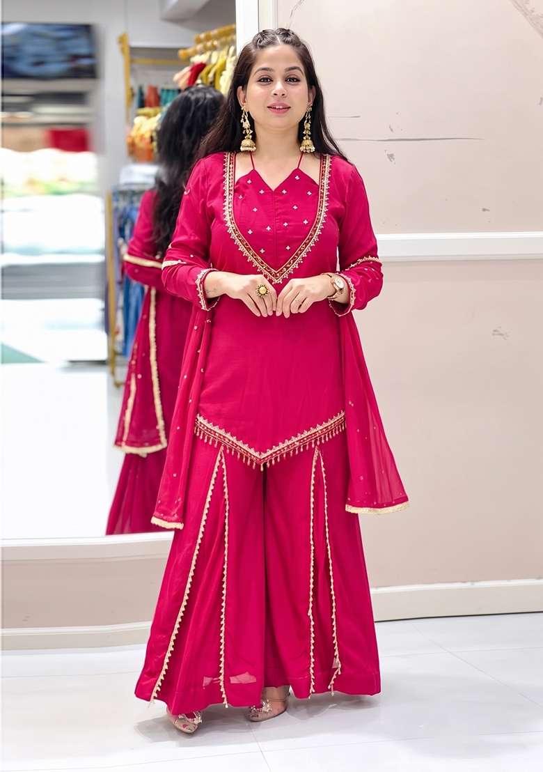 Rani Pink Embroidered Silk Kurta Set - Indya